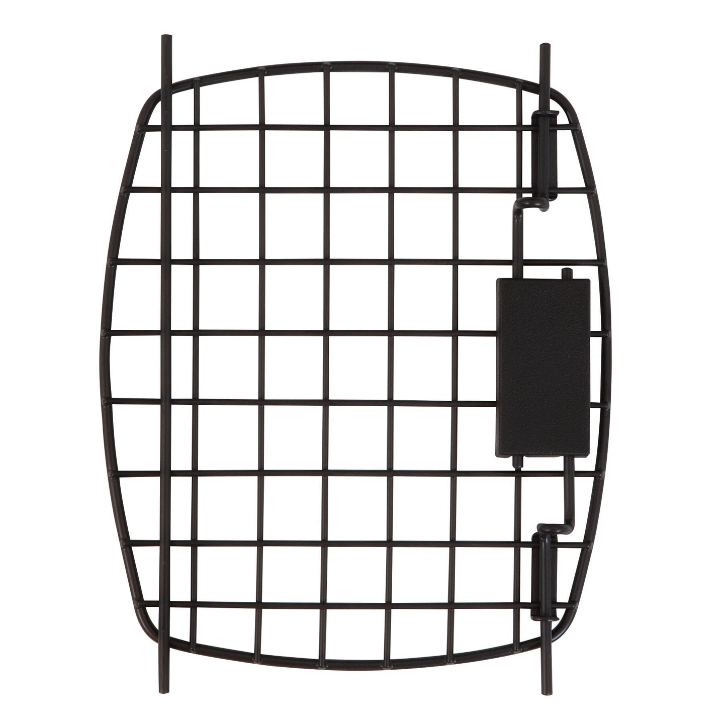 The Petmate Black Replacement Door for 19 Plastic Kennels is a metal grid with evenly spaced bars, featuring a right-side rectangular clasp and a slight outward curve. The backdrop is pure white.