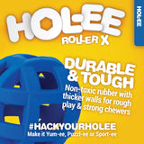 A blue JW Hol-ee Roller X Dog Toy by Jw, featuring hexagonal cutouts, durable non-toxic rubber, and thick walls for extreme play and strong chewers is displayed. Text highlights its toughness as an extreme dog toy. #HackYourHolee.