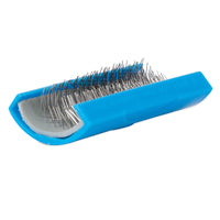 The JW Bird Perch Cleaner by Jw is a blue grooming brush featuring a curved handle and tightly packed angled metal bristles on a fabric base, perfect for pet care and maintaining bird environments.