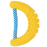 The JW Banana Chew-ee Dental Dog Toy by Jw is a durable rubber yellow D-shaped toy with a textured honeycomb pattern on one side and a blue and white striped rope threaded through its curve, designed as a dental chew toy.