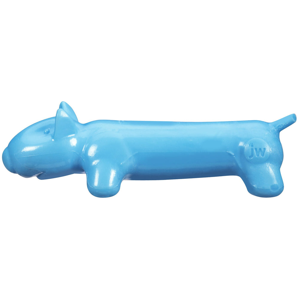 The JW Megalast Long Dog Squeaker Toy is a blue, stylized dachshund-shaped rubber dog toy with a short snout and small tail. Made from durable TPR, it features a smooth surface and the Jw logo embossed near the tail. Proudly crafted in the USA.