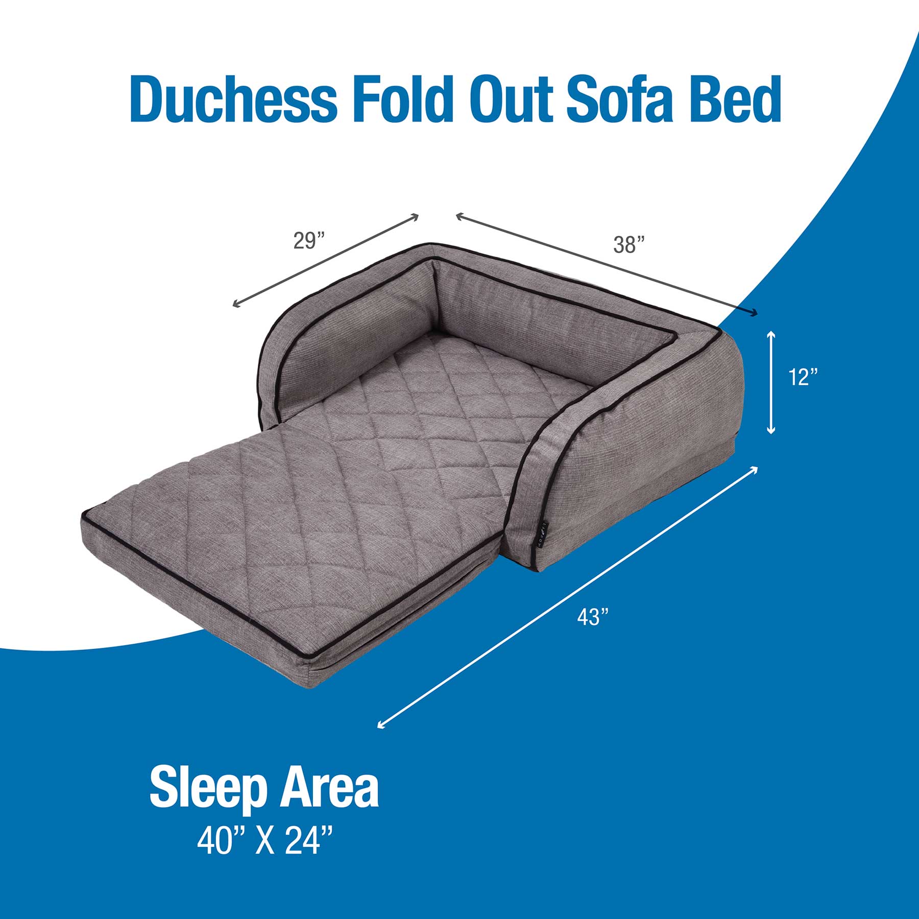 Illustration of the La-Z-Boy Duchess Fold Out Sleeper Sofa Dog Bed with iClean fabric for easy maintenance. The gray quilted bed measures 43 L x 29/38 W x 12 H, featuring cushioned edges and a sleep area of 40 x 24.