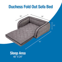 Illustration of the La-Z-Boy Duchess Fold Out Sleeper Sofa Dog Bed with iClean fabric for easy maintenance. The gray quilted bed measures 43 L x 29/38 W x 12 H, featuring cushioned edges and a sleep area of 40 x 24.