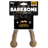 The BarkBone Natural Instincts Wishbone Peanut Butter-Infused Nylon Dog Chew by Barkbone Natural Instincts, made in the USA, offers a durable, allergen-free medium-sized treat with a peanut butter flavor and packaging featuring a dogs eyes above the product name.