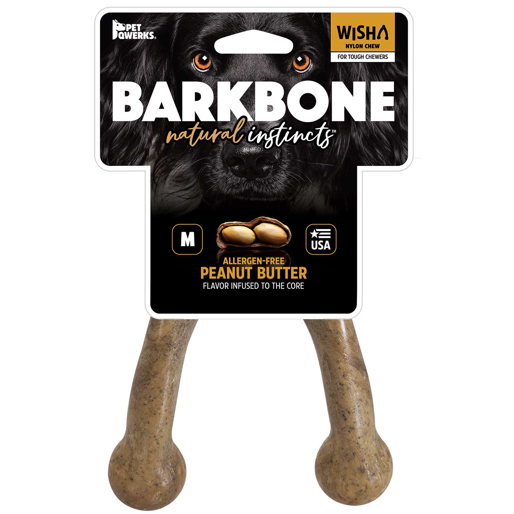 The BarkBone Natural Instincts Wishbone Peanut Butter-Infused Nylon Dog Chew by Barkbone Natural Instincts, made in the USA, offers a durable, allergen-free medium-sized treat with a peanut butter flavor and packaging featuring a dogs eyes above the product name.