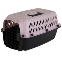 The Petmate Fashion Vari Kennel by Petmate is a chic black and pink pet travel crate with a vented design and metal door. It includes a top handle for easy carrying and side air holes for ventilation, making it perfect for small dogs on the go.