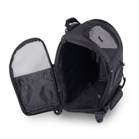 The Gen7Pets Black Geometric Roller-Carrier from Gen7 is on display, showcasing its wheels and telescopic handle. Its spacious, mesh-lined interior is visible with the front flap open, revealing two handy inside pockets.