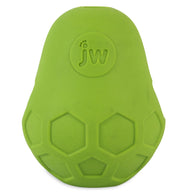 The JW Tumble Teez Dog Toy by Jw is a green pear-shaped puzzle toy with hexagonal patterns and the jw logo, designed as an entertaining treat dispenser.