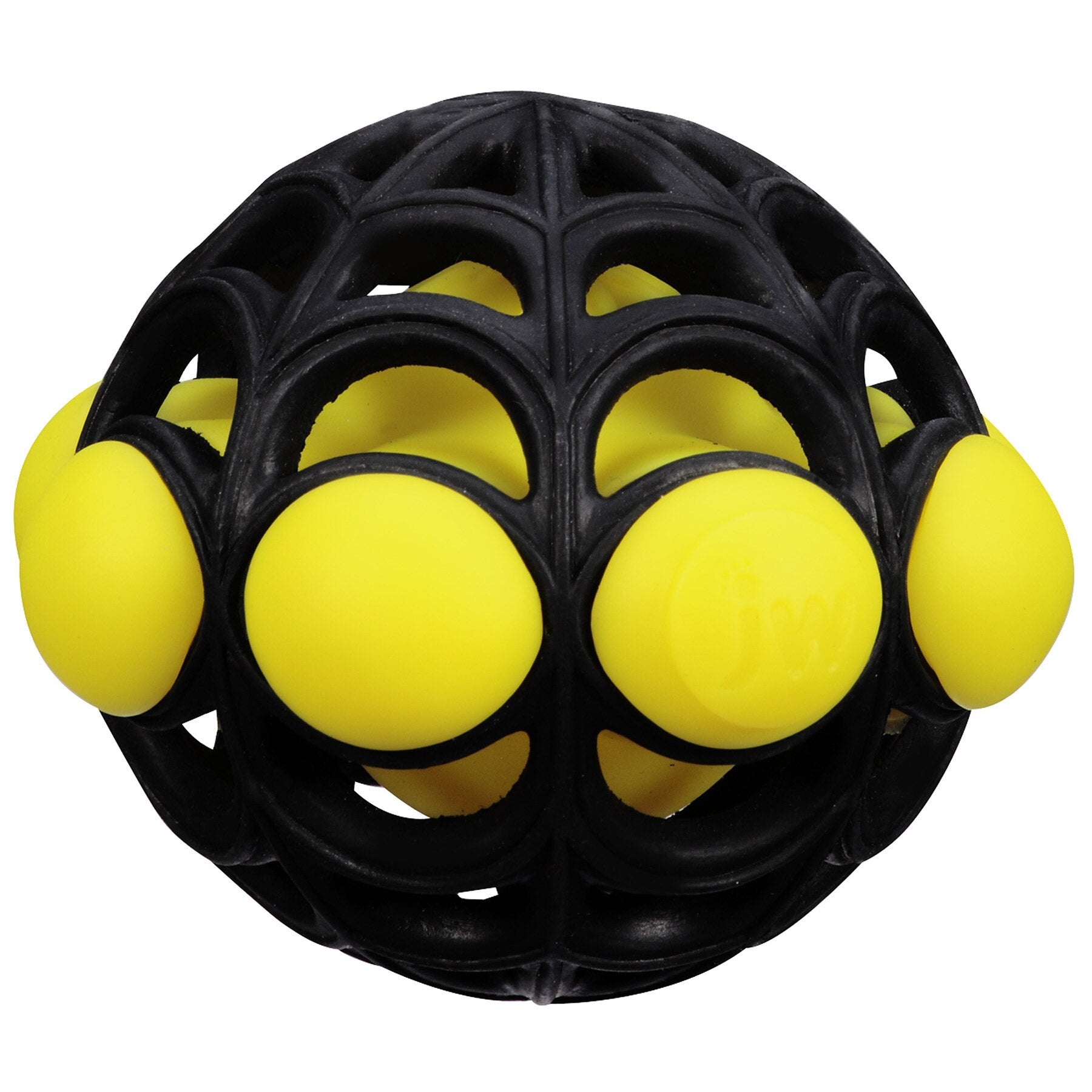 The JW Arachnoid Ball Dog Toy by Jw is a black spherical toy featuring durable rubber and a spider-web design, housing several yellow rubber balls within its structure.