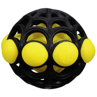 The JW Arachnoid Ball Dog Toy by Jw is a black spherical toy featuring durable rubber and a spider-web design, housing several yellow rubber balls within its structure.