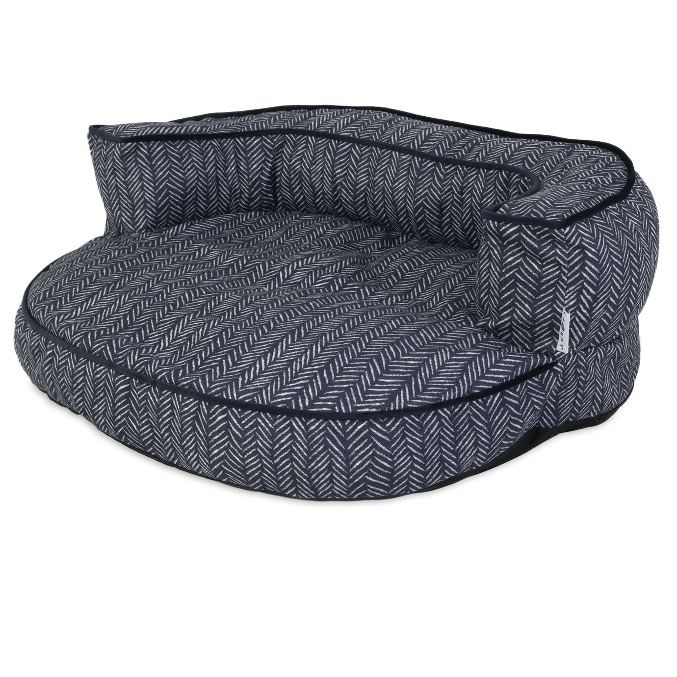 The La-Z-Boy Gatson Indoor Outdoor Dog Bed features a round design in dark gray with a herringbone pattern and raised sides for support. Its soft, comfortable fabric makes it perfect for any dog or cat to rest on.