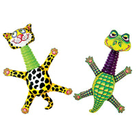 Two inflatable toys feature animal designs. The left toy looks like a leopard with yellow and black spots, while the right toy from Fatcats FAT CAT Rubber Neckers Dog Toy series resembles an alligator with a green, scaled body and colorful patterns.