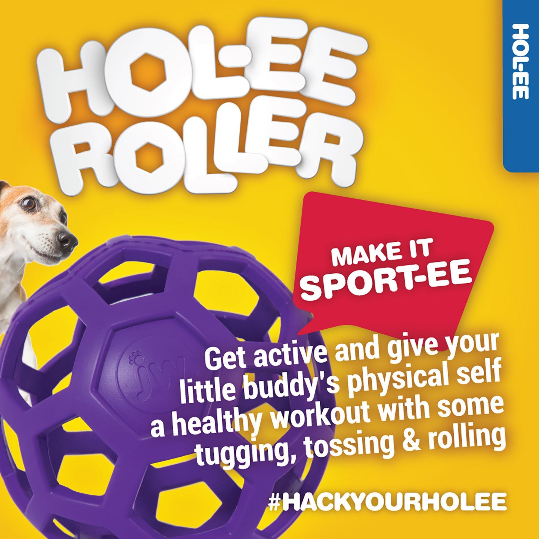 The ad features the JW Hol-ee Roller Dog Toy by Jw, showcasing its versatile geometric design in a purple natural rubber ball. It includes a dogs face, text promoting tugging and tossing activities, and the hashtag #HACKYOURHOLEE.