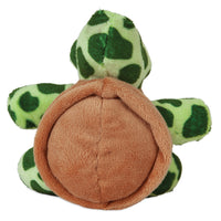 The Zoobilee Softies Dog Toy features a plush turtle with a green, spotted shell and soft brown underside, sitting upright with its round shell and small limbs—an ideal addition to your collection of Zoobilee dog toys.