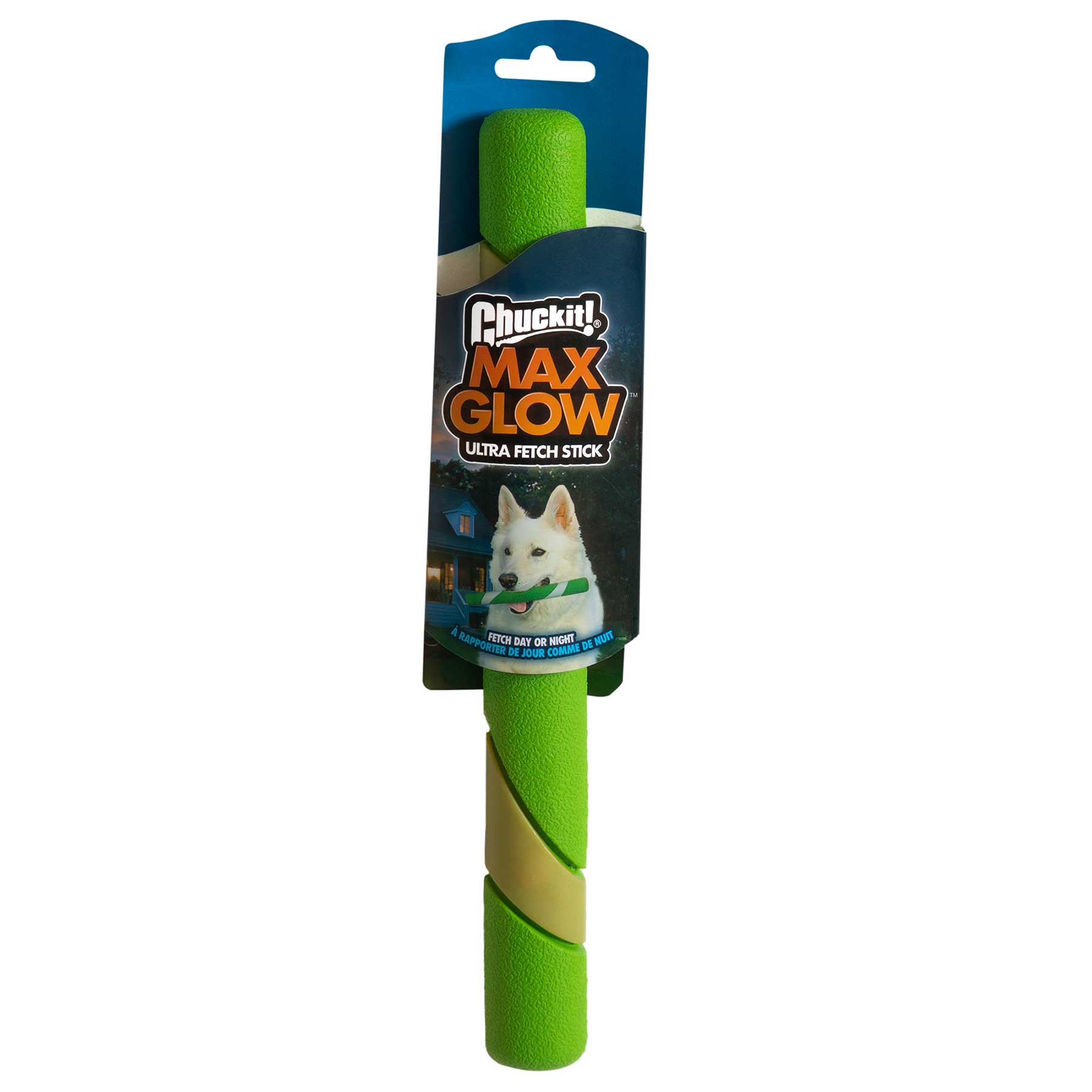 The Chuckit! Max Glow Ultra Fetch Stick, a green dog fetch toy by Chuckit, features packaging with a blue background and elegant branding. Designed for nighttime outdoor play, it contains a photo of a dog enjoying the glow-in-the-dark stick.