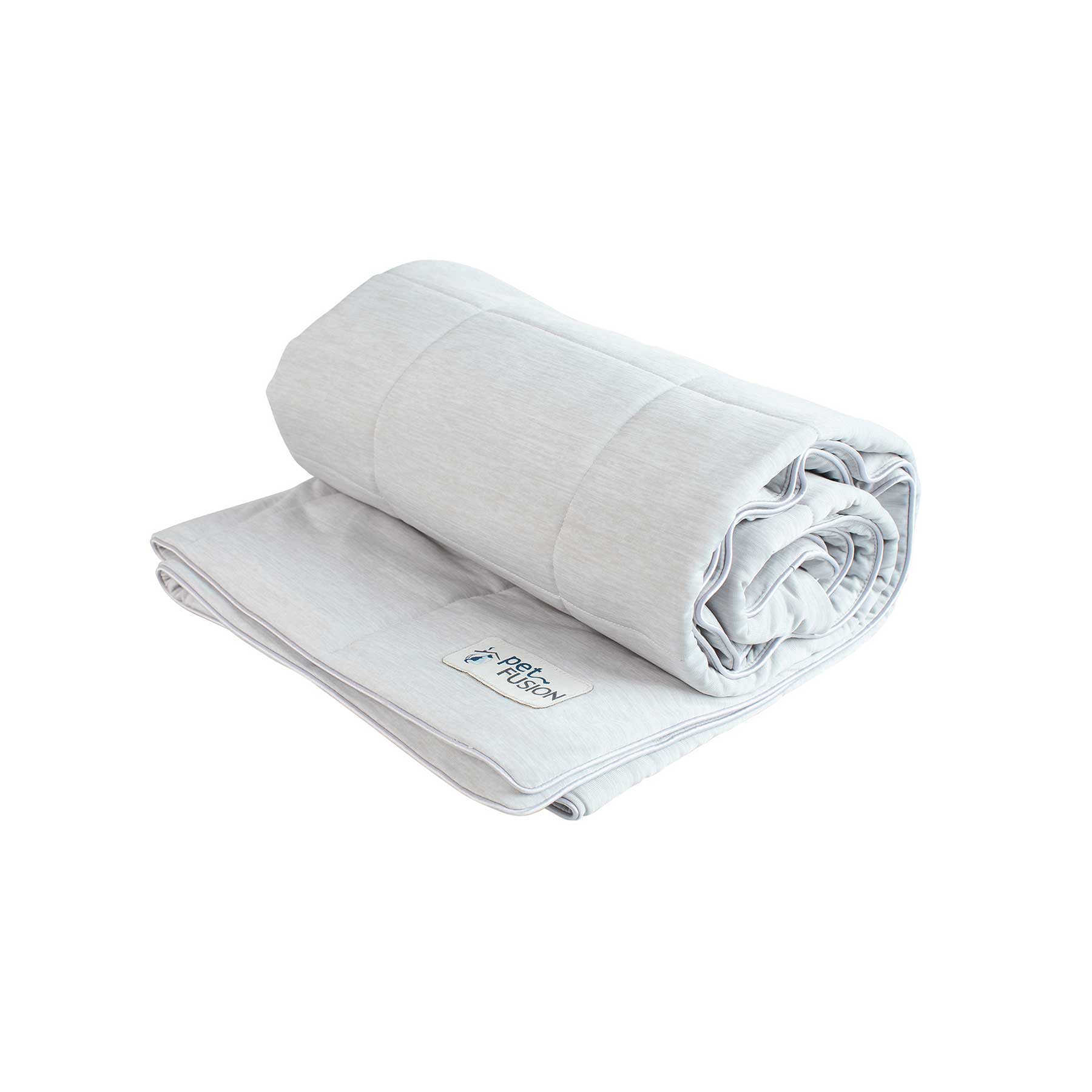 A sleek, light gray PetFusion Premium Cat and Dog Cooling Blanket with a soft texture. The rolled end of this plush cooling blanket ensures optimal comfort and warmth.