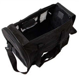 The Petmate Soft Sided Kennel Cab, by Petmate, is a black mesh pet carrier bag featuring zippered openings and comfy shoulder straps, perfect for airline travel. It has an open design that reveals its roomy interior.