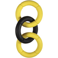 The JW Invincible Chains Dog Toy by Jw is a durable toy with three interlinked rubber rings ideal for interactive play, alternating yellow and black with two yellow and one black in the center. Its simple yet engaging design makes it perfect for dogs.