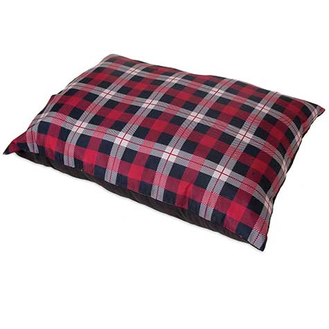 The Aspen Pet Large Plaid Pillow Dog Bed, made from eco-friendly recycled polyester, rests on a white surface, showcasing its red, black, and white plaid pattern.