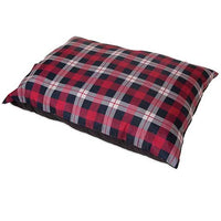 The Aspen Pet Large Plaid Pillow Dog Bed, made from eco-friendly recycled polyester, rests on a white surface, showcasing its red, black, and white plaid pattern.