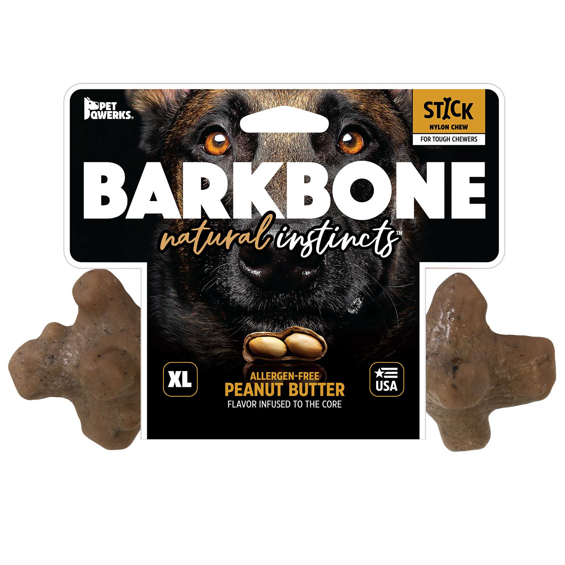 The BarkBone Natural Instincts Stick Peanut Butter Infused Nylon Dog Chew by Barkbone Natural Instincts includes two large, U.S.-made chews. The packaging features a dogs eyes and highlights that its allergen-free and designed for aggressive chewers.