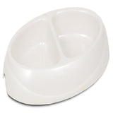 The Petmate Ultra Lightweight Double Diner from Petmate features an oval design with two compartments in white and is enhanced with Microban technology to maintain cleanliness.