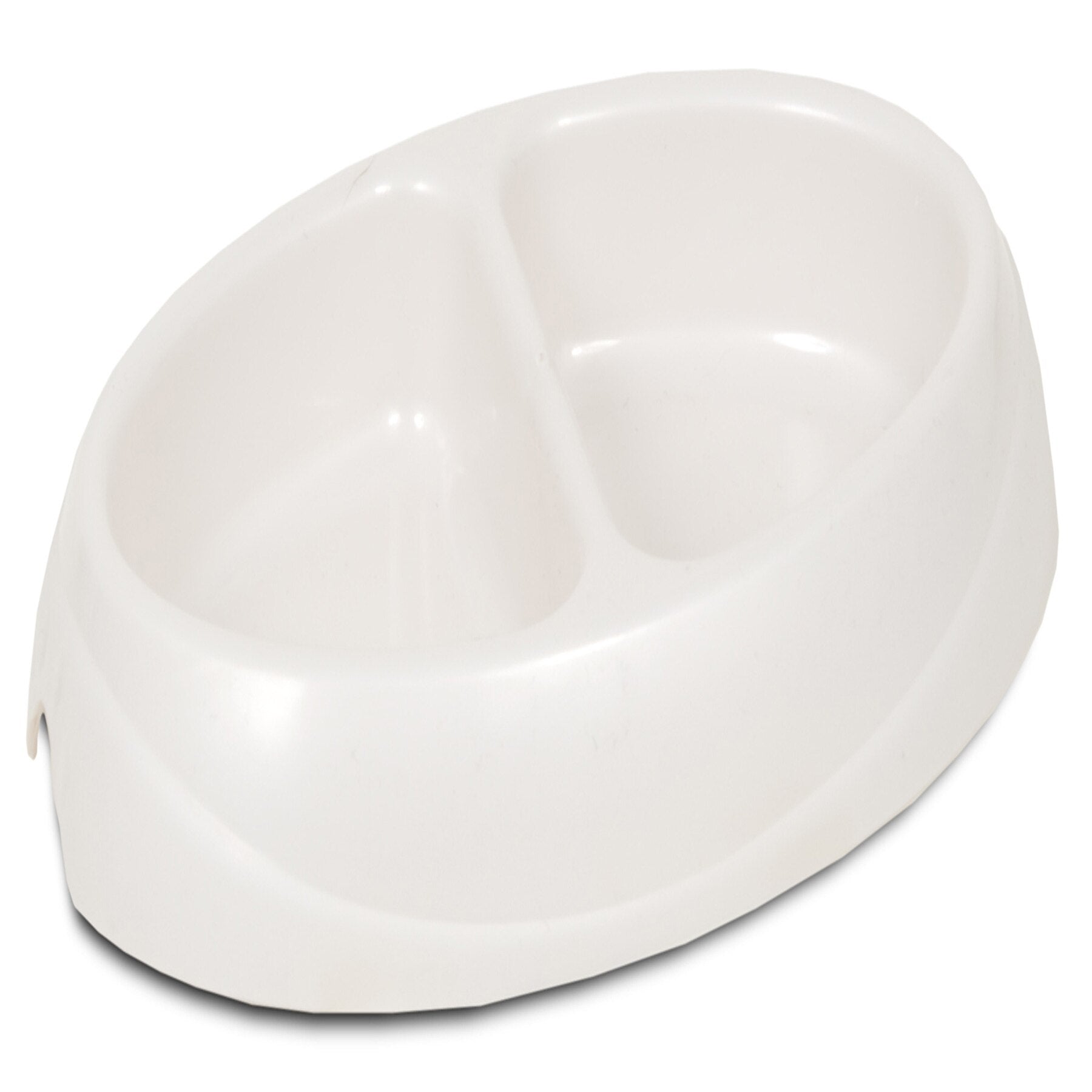 The Petmate Ultra Lightweight Double Diner from Petmate features an oval design with two compartments in white and is enhanced with Microban technology to maintain cleanliness.