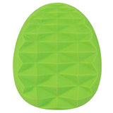 The JW Prickl-ee Pear Puppy Teether Chew Toy by Jw is a green, oval-shaped toy with a faceted surface resembling a textured egg. Its triangular patterns create a geometric look, ideal for dental health, and it is centered on a white background.