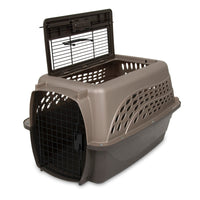The Petmate 2 Door Dog & Cat Kennel by Petmate, in beige and brown EcoTEC Plastic, features an open top and front door with black metal grate and side ventilation holes. Its sturdy design ensures safe transport for small animals.