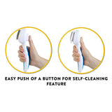 Two circular images show hands using a JW Gripsoft Self-Cleaning Slicker Brush with an ergonomic handle. The left image has the brush covered with shedding hair, the right shows it clean. Text states, Easy push of a button for self-cleaning feature.