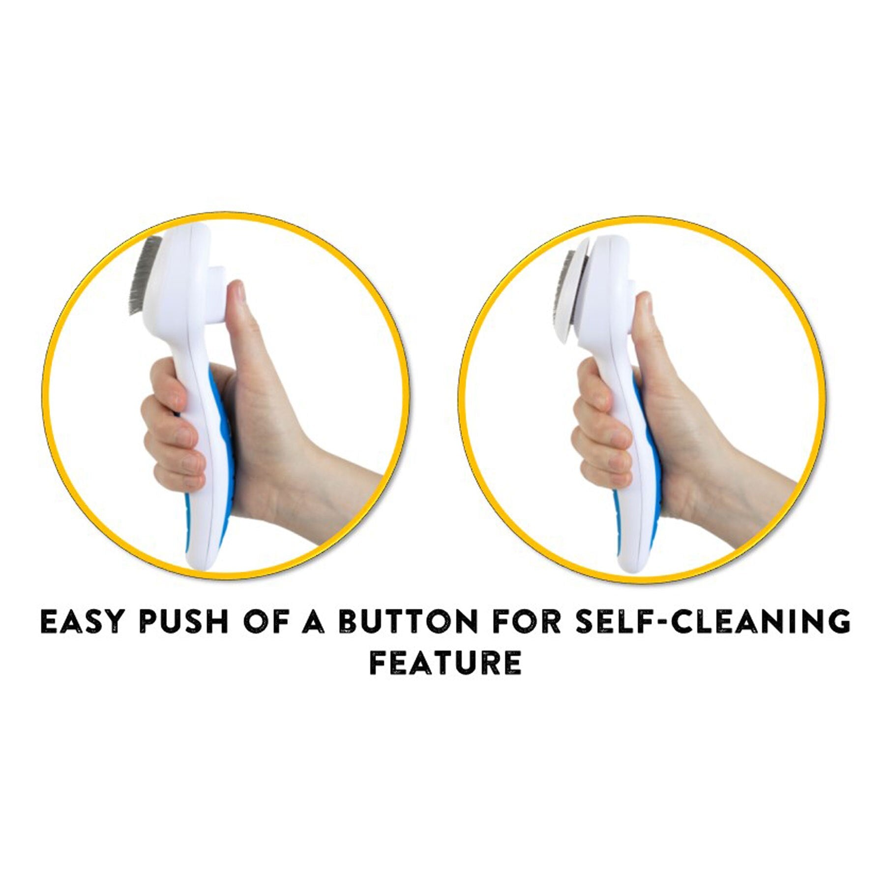 Two circular images show hands using a JW Gripsoft Self-Cleaning Slicker Brush with an ergonomic handle. The left image has the brush covered with shedding hair, the right shows it clean. Text states, Easy push of a button for self-cleaning feature.