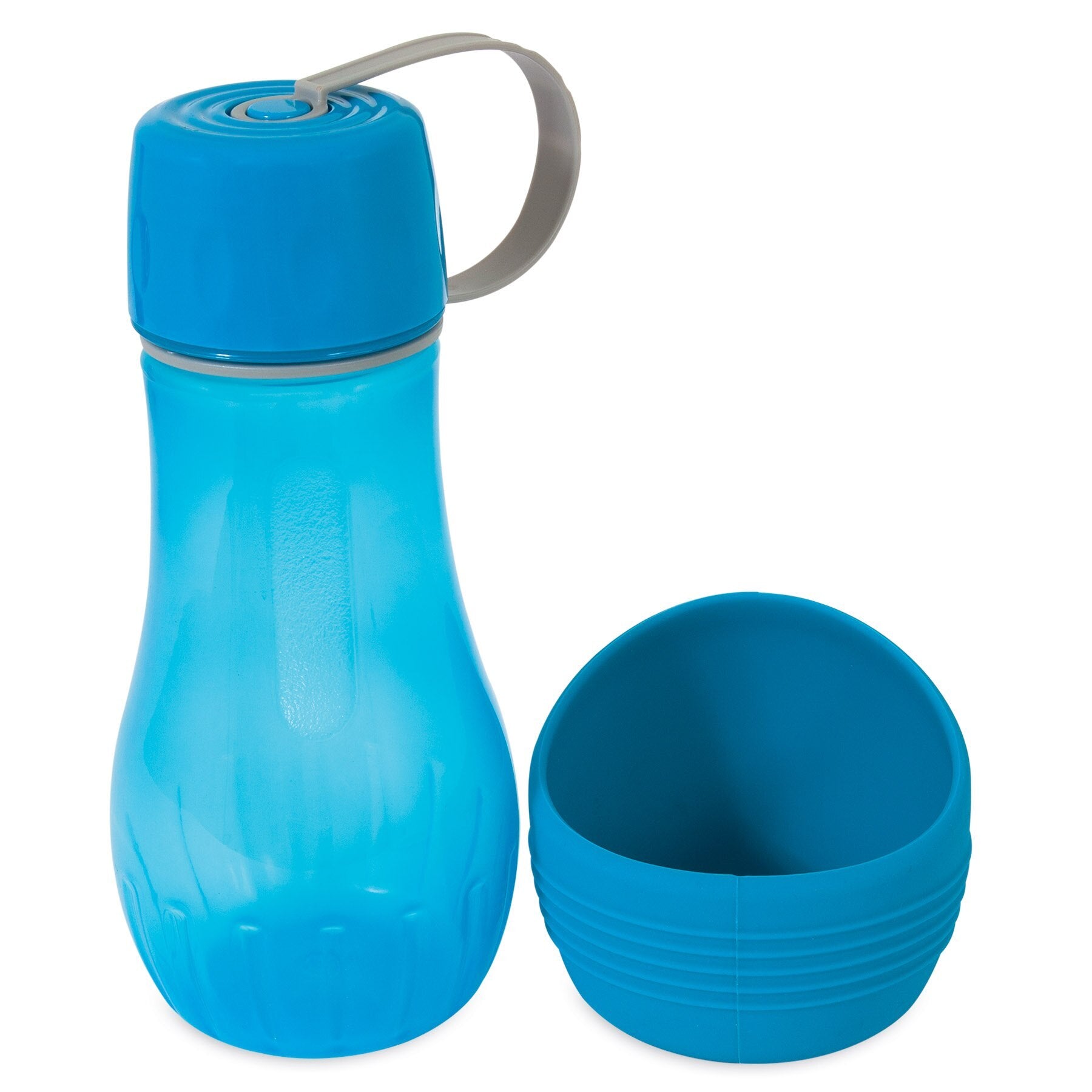 The Petmate Blue Replendish To-Go Travel Water Bottle, featuring a gray handle and matching lid that doubles as a cup, offers a textured grip and modern design. It includes a removable water bowl, perfect for pet hydration during travel.