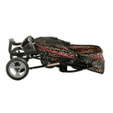 The Gen7Pets Cheetah Promenade Pet Stroller features a sleek black frame with cheetah print accents, three wheels, a handlebar cup holder, and safety tethers to securely transport your pet.