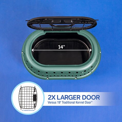 The Petmate Top Load Cat Kennel, a green travel carrier with an open oval door on a blue background, features a 14-inch wide door touted as 2x larger for more space, making it perfect for your pets travel needs.