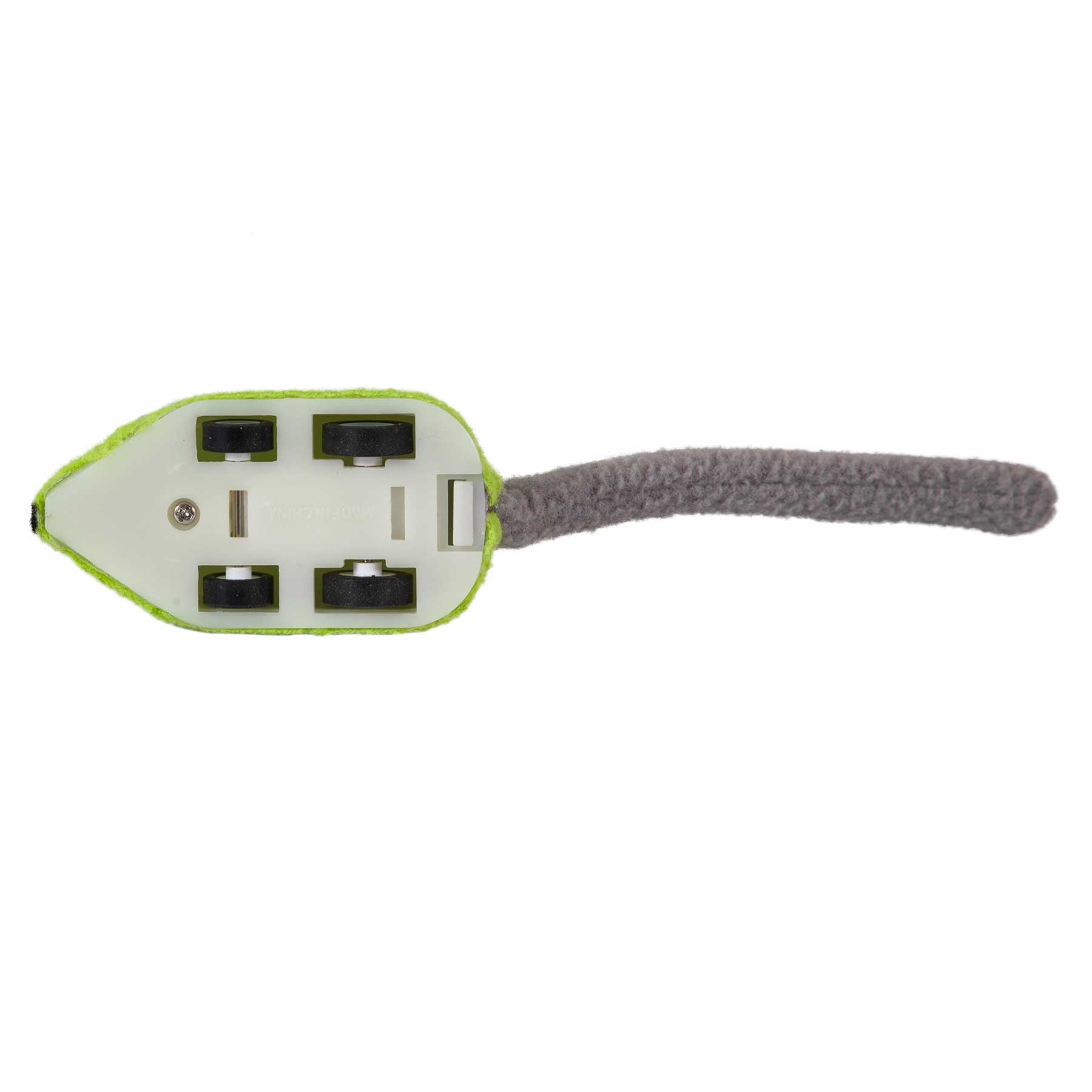 The JW Zippy Mouse Cat Toy by Jw is a fun interactive cat toy with a green and white body, black wheels underneath, and a long gray tail. The bottom view image showcases its wind-up or mechanical features.