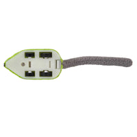 The JW Zippy Mouse Cat Toy by Jw is a fun interactive cat toy with a green and white body, black wheels underneath, and a long gray tail. The bottom view image showcases its wind-up or mechanical features.