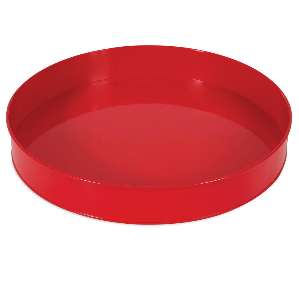 The Aspen Pet Large Feeding Pan by Aspen Pet is round and deep with a shiny red surface. Crafted from durable materials, its slightly raised edges form a bowl-like structure, ideal for multi-pet homes. It is displayed against a plain white background.