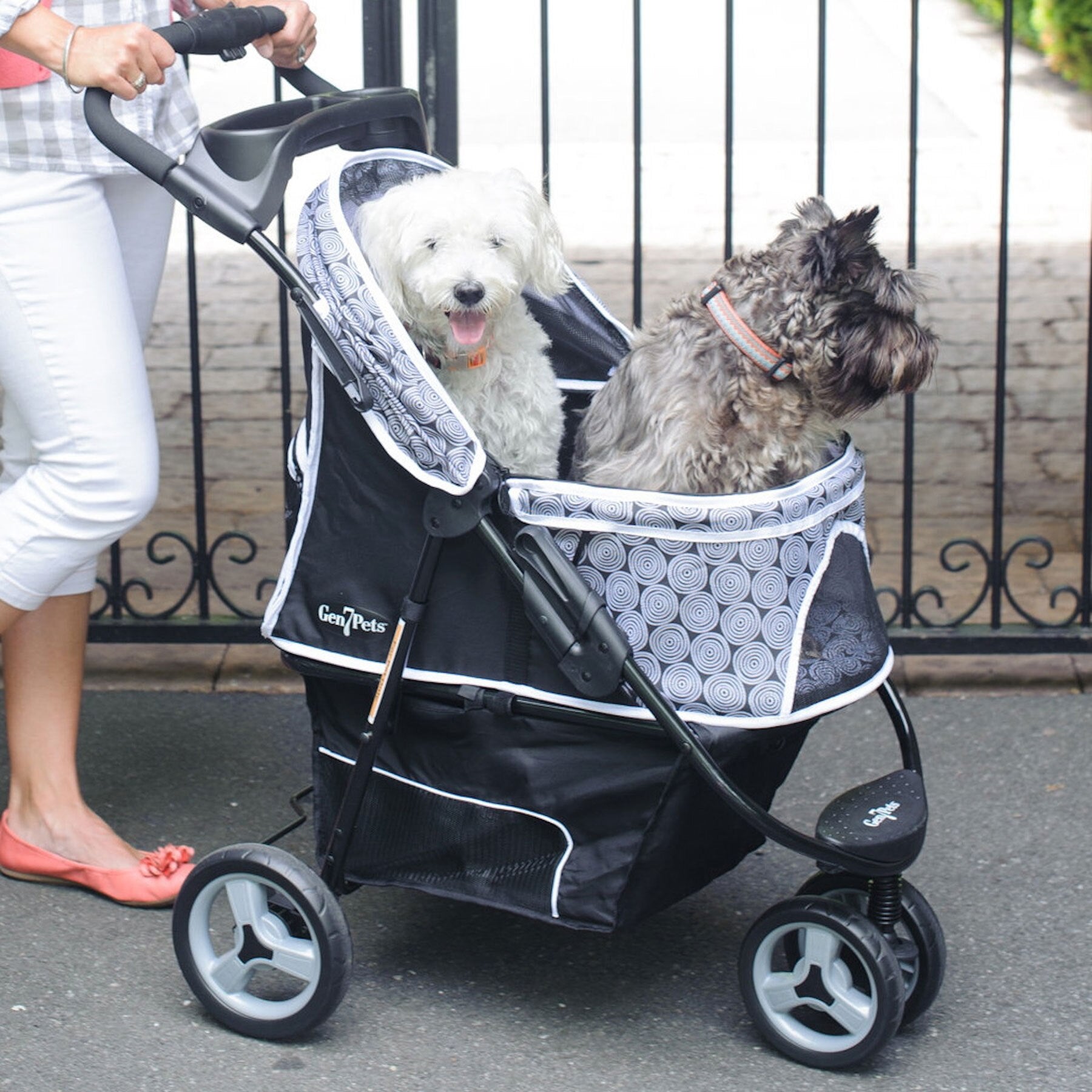 Two small dogs, one white and fluffy, the other gray and shaggy, sit comfortably in a Gen7Pets Black Onyx Promenade Pet Stroller with Smart-Comfort Pad. A person in white pants pushes it effortlessly using its All-Terrain Wheels as a black gate stands gently behind.