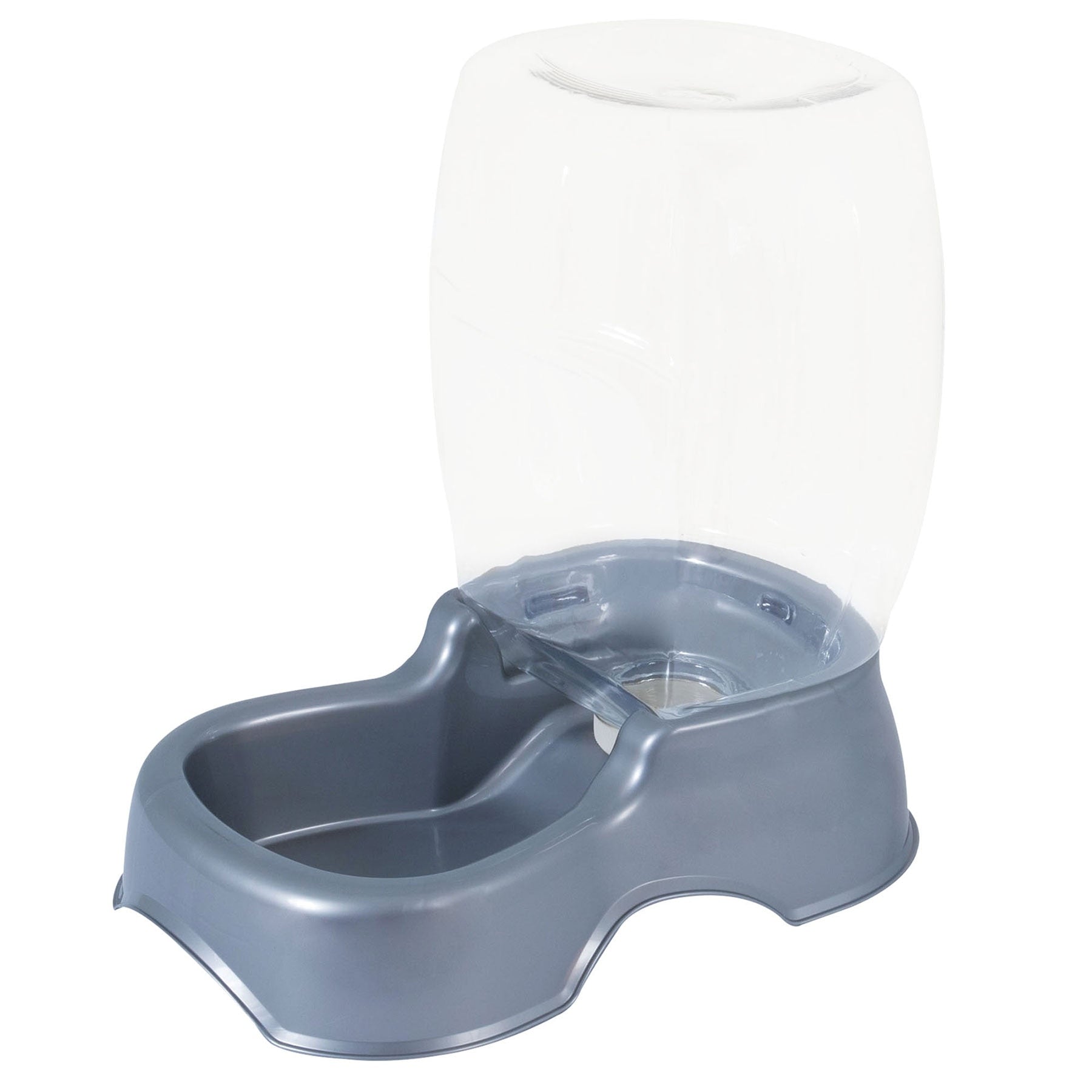 The Petmate Pet Cafe Gravity Water Bowl by Petmate includes an automatic gravity design with a transparent plastic reservoir and gray base, ensuring the shallow, wide bowl remains filled for your pets comfort. This eco-friendly waterer provides an optimal drinking experience.