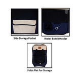 Three images of the Precision Pet Soft Side Play Yard by Precision Pet Products: top left shows a side storage pocket, top right displays a water bottle holder, and bottom center highlights the water-resistant material for easy folding flat.