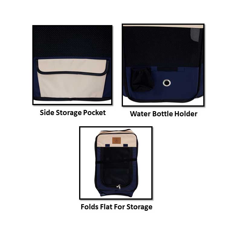 Three images of the Precision Pet Soft Side Play Yard by Precision Pet Products: top left shows a side storage pocket, top right displays a water bottle holder, and bottom center highlights the water-resistant material for easy folding flat.