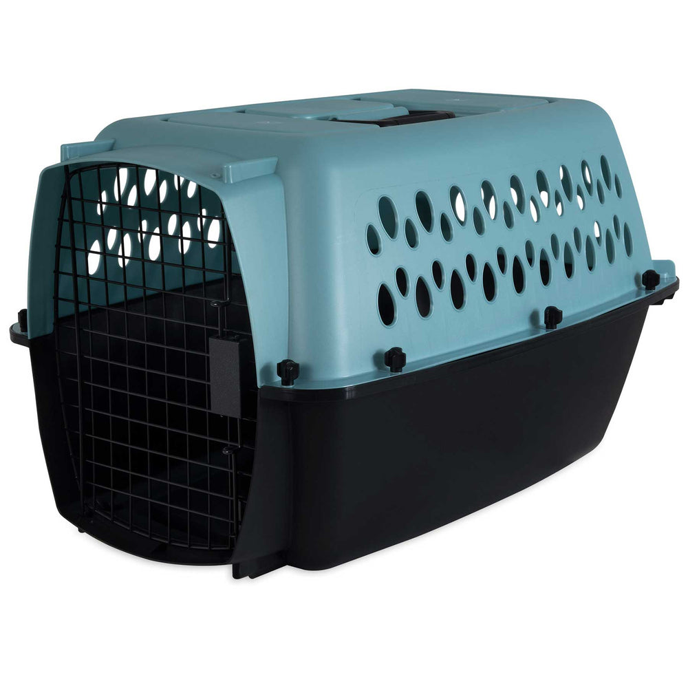 A black and teal Petmate Fashion Vari Kennel, made of plastic and shown empty against a white background, features a metal grid door, multiple ventilation holes on the top and sides, and a handle for easy carrying.