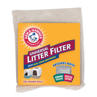 The Arm & Hammer Universal Litter Filter, by Arm And Hammer, is displayed in orange packaging with dual absorbers for excellent odor control of urine and feces in hooded litter pans. The package is covered in clear plastic.