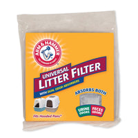 The Arm & Hammer Universal Litter Filter, by Arm And Hammer, is displayed in orange packaging with dual absorbers for excellent odor control of urine and feces in hooded litter pans. The package is covered in clear plastic.