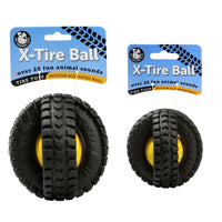 The Petqwerks Animal Sounds X-Tire Ball features rubber dog toys with a tire-like texture and yellow centers, boasting over 20 fun animal sounds. The toy comes in two sizes.