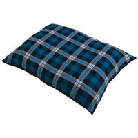 The Aspen Pet Large Plaid Pillow Dog Bed by Aspen Pet features a blue, black, and white checkered tartan pattern. Made from eco-friendly recycled polyester, this stylish and comfortable rectangular dog bed complements any white backdrop.