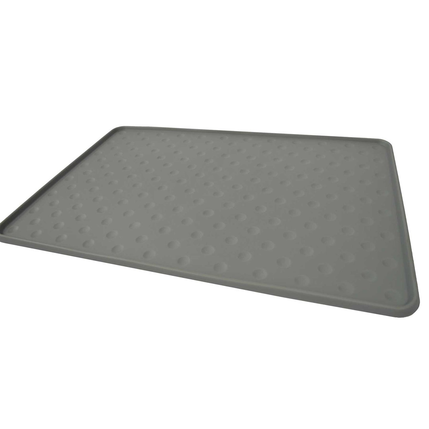 The PetFusion Tough Grip Dog Food Mat by Pet Fusion is a gray, rectangular silicone mat designed for pets. It features a surface pattern of small circular bumps to prevent slipping.