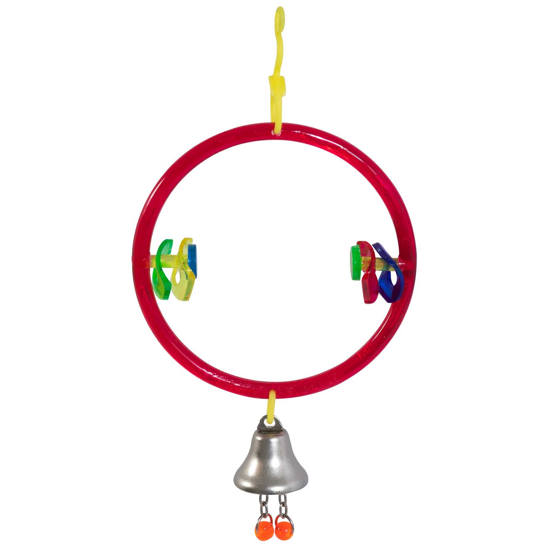The JW Bird Perch Ring & Toy Combo by Jw is a circular red plastic bird toy with multicolored clackers, a silver bell with two orange beads hanging below, and a yellow hook for hanging. Its perfect for engaging your feathered friend.