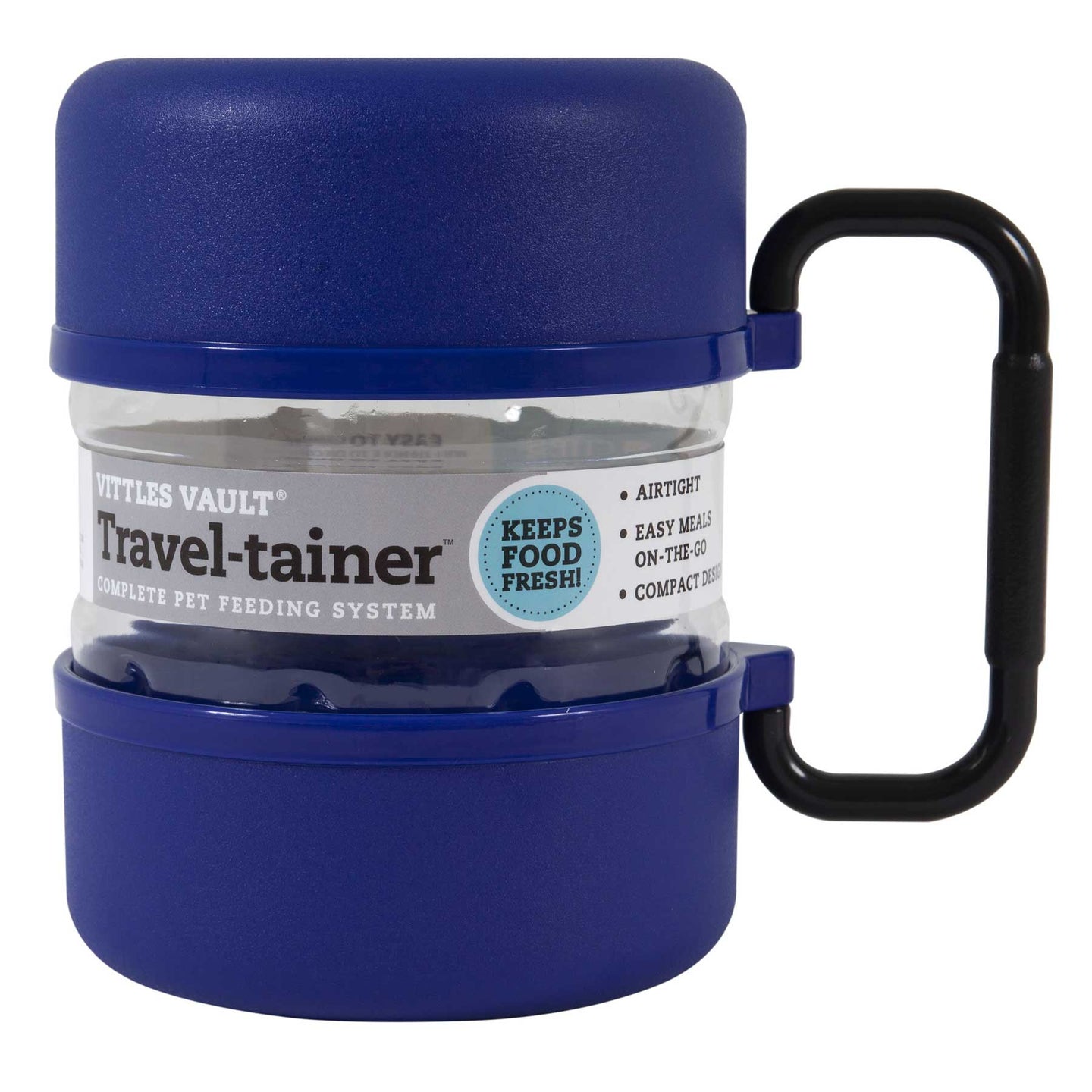 The Vittles Vault Travel-Trainer is a dark blue pet food container with a clear, BPA-free plastic section and a large black side handle. Its label says Keeps Food Fresh, Airtight Seal, Easy Meals On-The-Go, Compact Design.