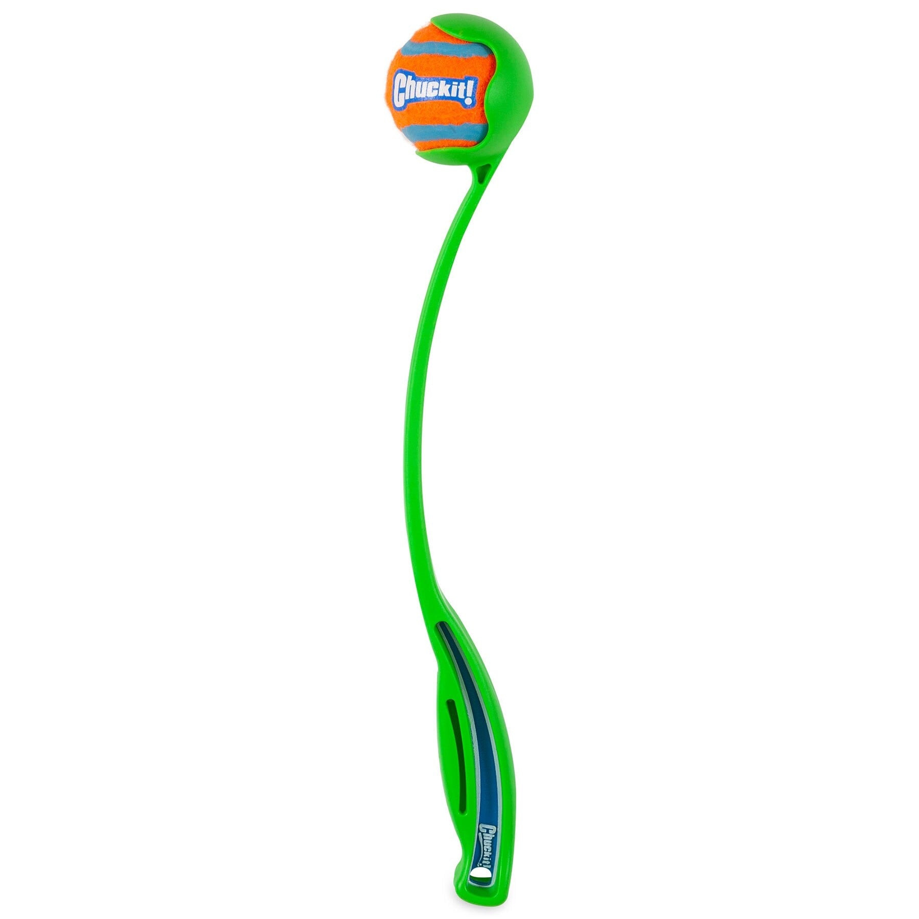 Introducing the Chuckit! Sport Launcher: a green dog ball launcher with an ergonomic rubber handle for easy grip. Its long design enables longer throws and hands-free pickup, featuring a brand-marked orange and blue ball ready for action.